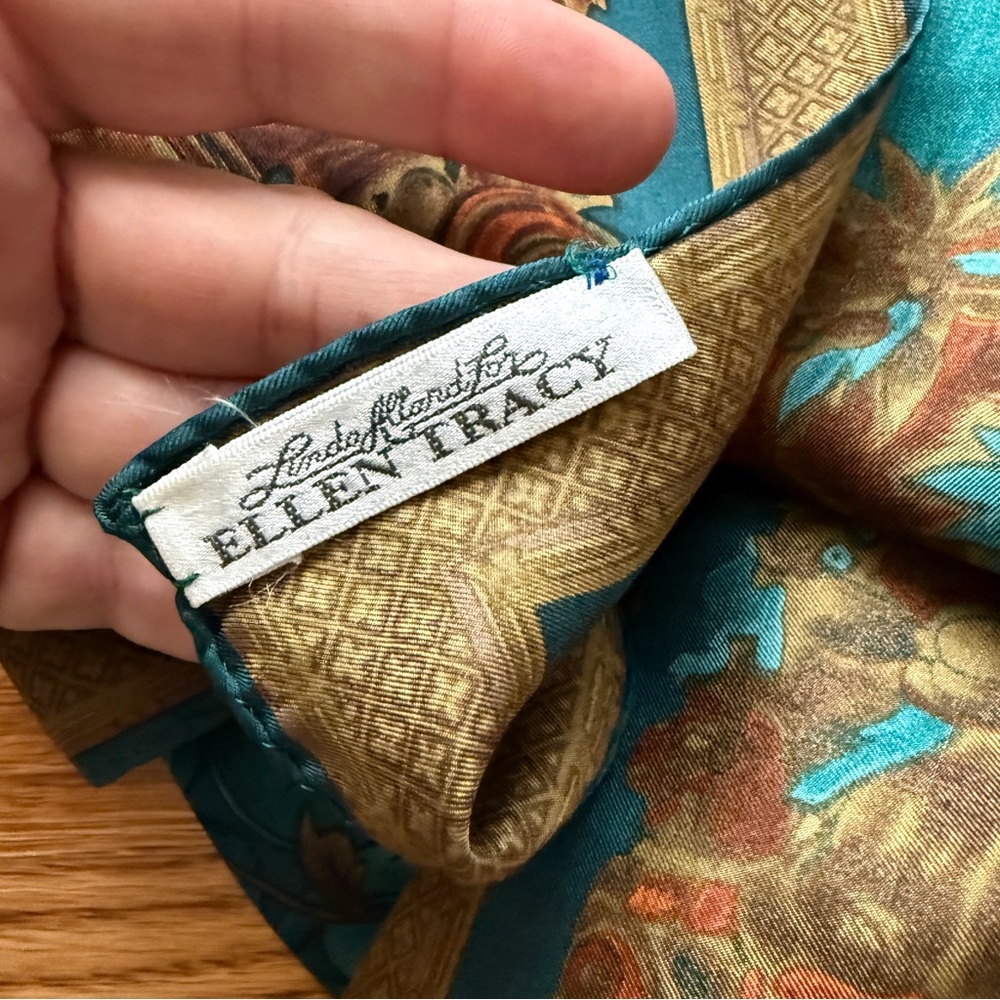 Vintage Ellen Tracy teal and orange chic silk boho scarf - Picture 7 of 12